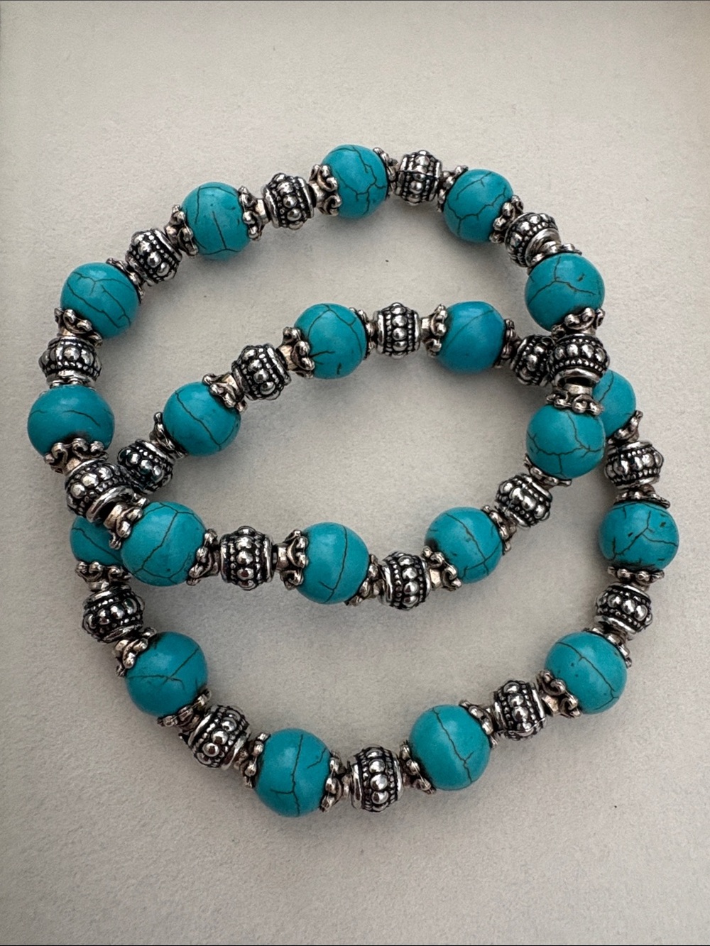 Turquoise Bead Stretch Bracelet Set - Silver Accent